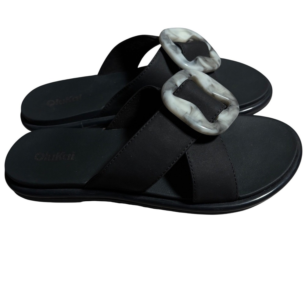 OluKai La'i Slide Sandals Womens 7 Black Marble Buckle Strap Beach Comfort Pool